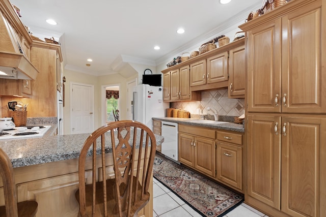 2039 Sparta Pike, Lebanon, TN 37090 - kitchen with white appliances, ornamental molding, a sink, light tile patterned flooring, and backsplash