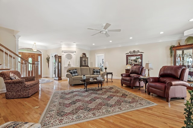 2039 Sparta Pike, Lebanon, TN 37090 - living area with a ceiling fan, light wood-style flooring, stairway, ornate columns, and recessed lighting