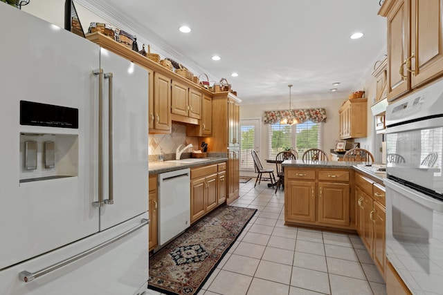 2039 Sparta Pike, Lebanon, TN 37090 - kitchen with white appliances, ornamental molding, decorative backsplash, light tile patterned floors, and recessed lighting