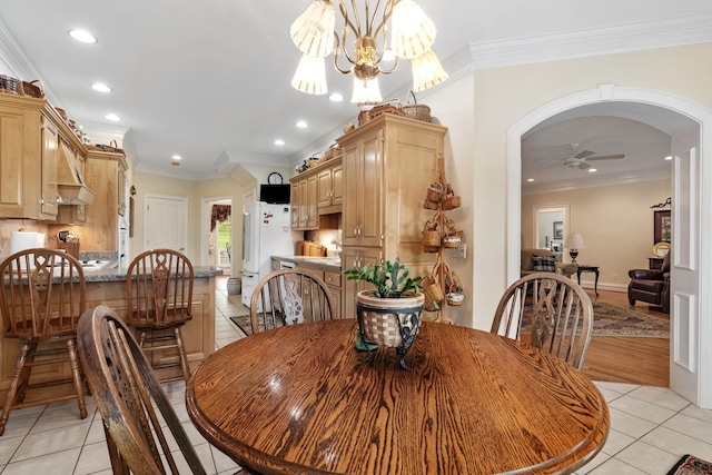 2039 Sparta Pike, Lebanon, TN 37090 - dining room with light tile patterned floors, recessed lighting, ornamental molding, a ceiling fan, and arched walkways