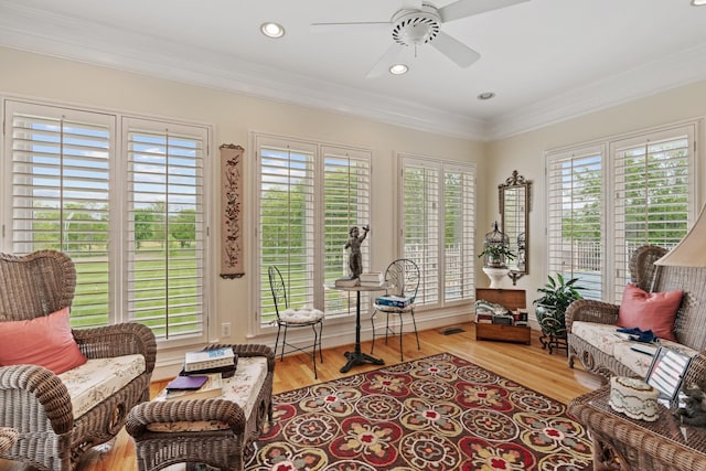 2039 Sparta Pike, Lebanon, TN 37090 - living area with a ceiling fan, wood finished floors, ornamental molding, and recessed lighting