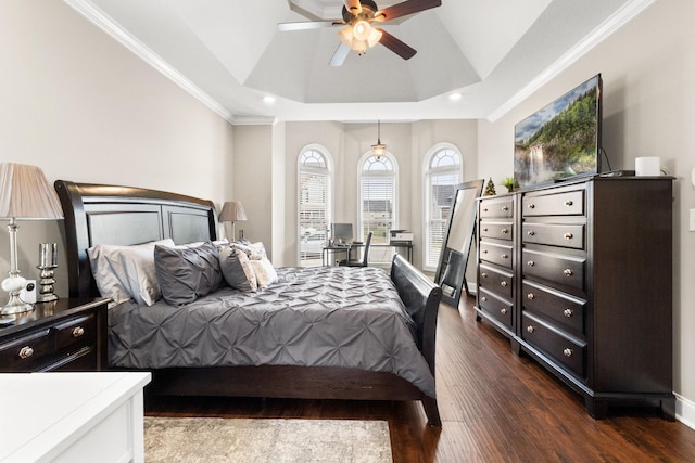 201 Josie Ln, Clarksville, TN 37043 - bedroom with dark wood finished floors, recessed lighting, lofted ceiling, crown molding, and a ceiling fan