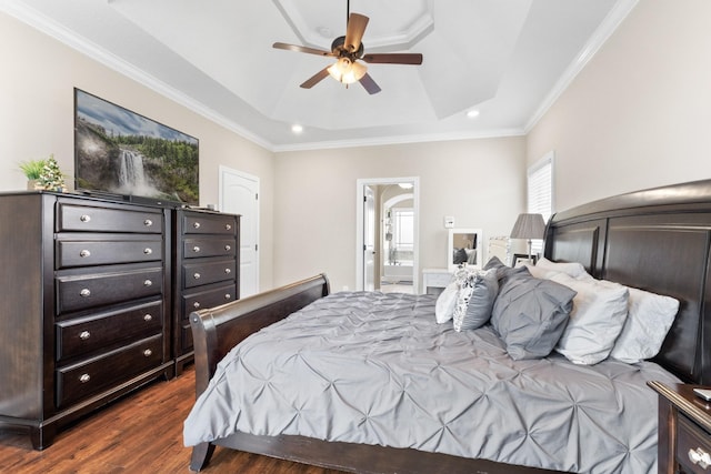 201 Josie Ln, Clarksville, TN 37043 - bedroom featuring a raised ceiling, dark wood-type flooring, crown molding, recessed lighting, and ensuite bathroom