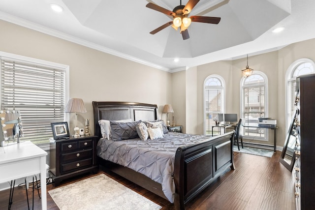 201 Josie Ln, Clarksville, TN 37043 - bedroom featuring multiple windows, dark wood-type flooring, recessed lighting, a raised ceiling, and ornamental molding
