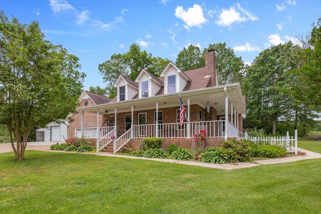new england style home featuring covered porch, an outbuilding, a front yard, and brick siding