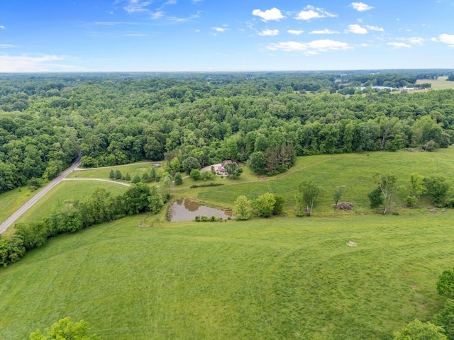 bird's eye view of a nearby body of water and a heavily wooded area