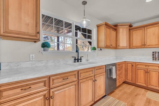 1032 Neeleys Bnd, Spring Hill, TN 37174 - kitchen with dishwasher, a sink, light wood-type flooring, pendant lighting, and brown cabinets