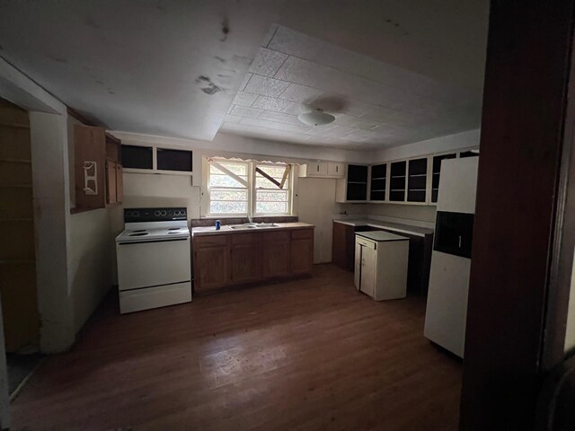 235 Ernest Looper Rd, Rickman, TN 38580 - kitchen with white appliances, a sink, dark wood-type flooring, and open shelves
