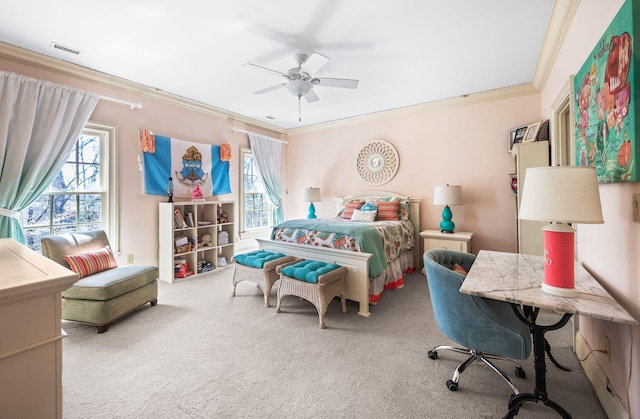 bedroom featuring ornamental molding, carpet, multiple windows, and a ceiling fan