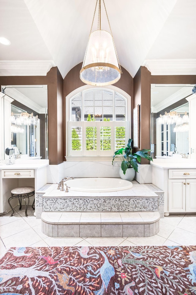 full bathroom featuring tile patterned flooring, crown molding, a bath, vanity, and vaulted ceiling