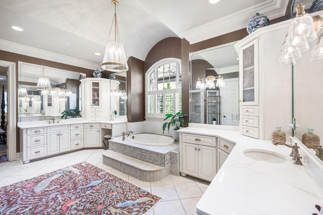 full bathroom featuring tile patterned floors, a bath, crown molding, two vanities, and recessed lighting