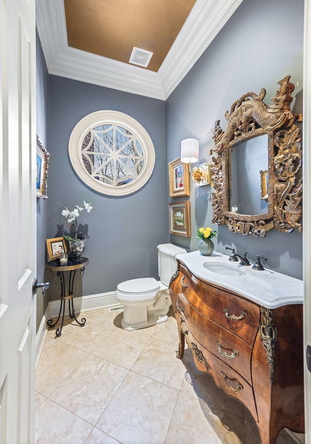 half bath featuring ornamental molding, toilet, and vanity