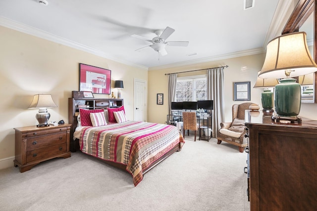 bedroom with light colored carpet, crown molding, and a ceiling fan
