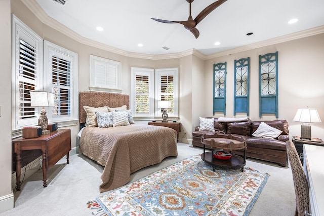 bedroom with light colored carpet, recessed lighting, ornamental molding, baseboards, and ceiling fan