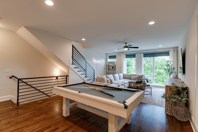 recreation room featuring recessed lighting, dark wood-style flooring, a ceiling fan, and baseboards