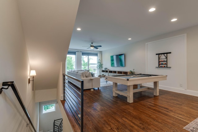 playroom with recessed lighting, wood finished floors, a ceiling fan, baseboards, and billiards table