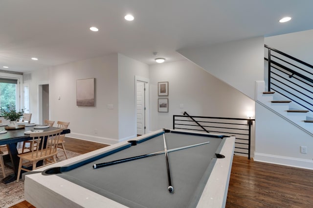 playroom with dark wood finished floors, baseboards, and recessed lighting