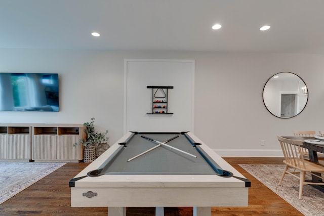 game room featuring dark wood-type flooring, billiards, baseboards, and recessed lighting