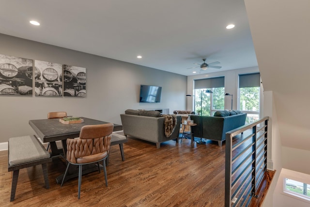 dining area with wood finished floors, recessed lighting, and ceiling fan