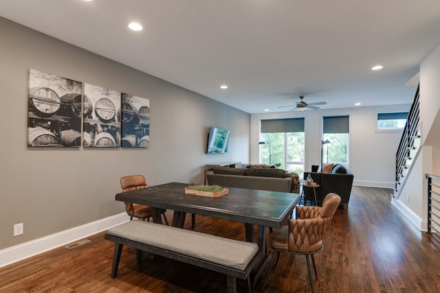dining area with stairs, recessed lighting, baseboards, a ceiling fan, and dark wood finished floors
