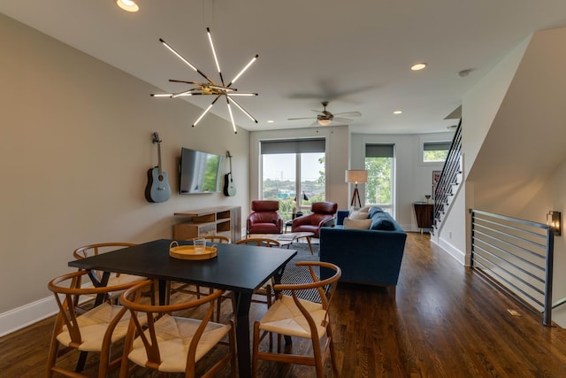 dining area featuring baseboards, wood finished floors, recessed lighting, stairway, and ceiling fan