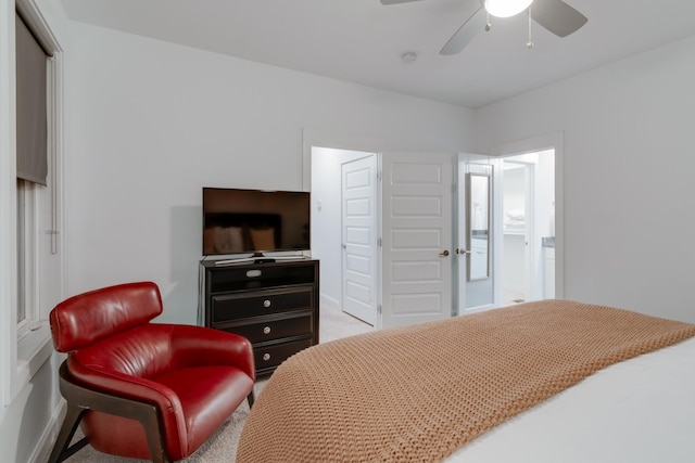 bedroom featuring ceiling fan, baseboards, and carpet flooring