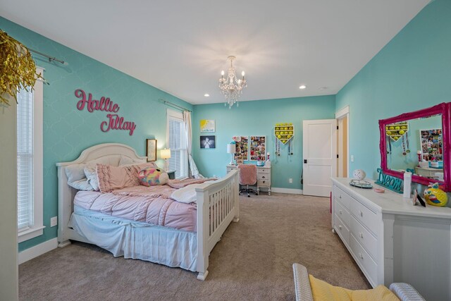7480 Horn Tavern Rd, Fairview, TN 37062 - bedroom featuring a chandelier, light colored carpet, recessed lighting, a desk, and baseboards
