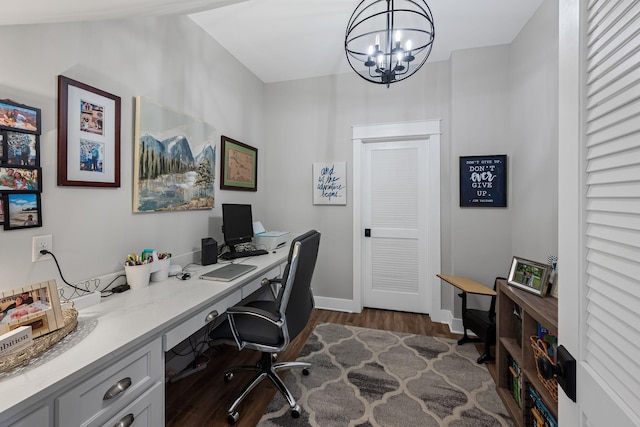 7480 Horn Tavern Rd, Fairview, TN 37062 - office area featuring a chandelier, dark wood-type flooring, and baseboards