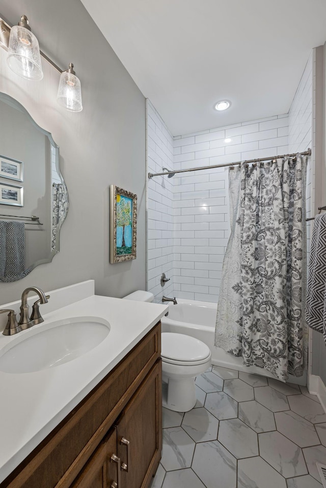 7480 Horn Tavern Rd, Fairview, TN 37062 - bathroom with shower / tub combo with curtain, tile patterned flooring, toilet, vanity, and recessed lighting