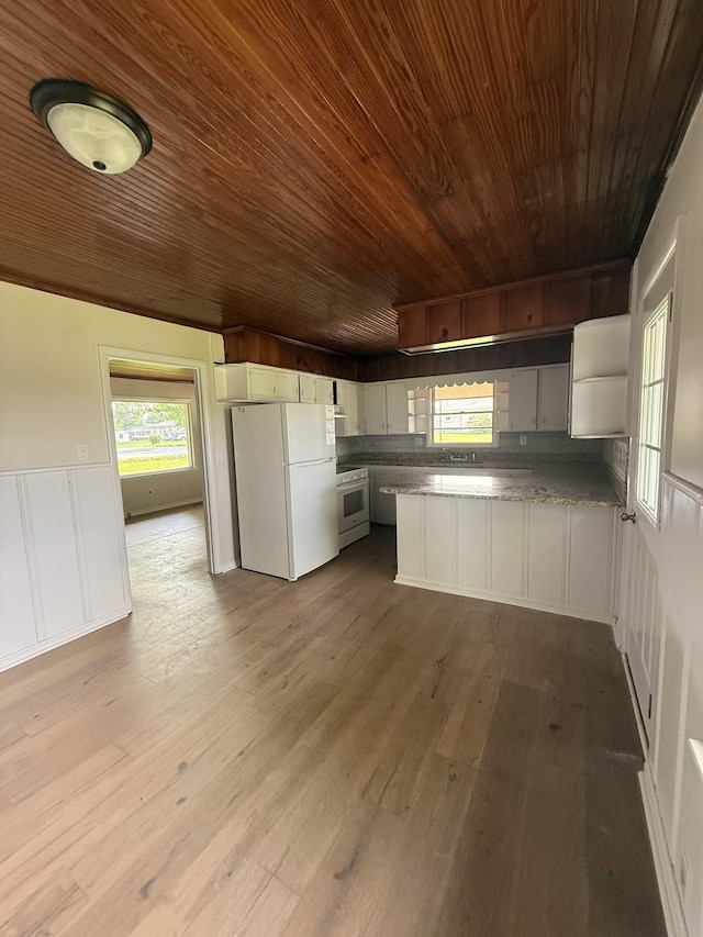 kitchen featuring white appliances, wood ceiling, a peninsula, white cabinets, and wood finished floors