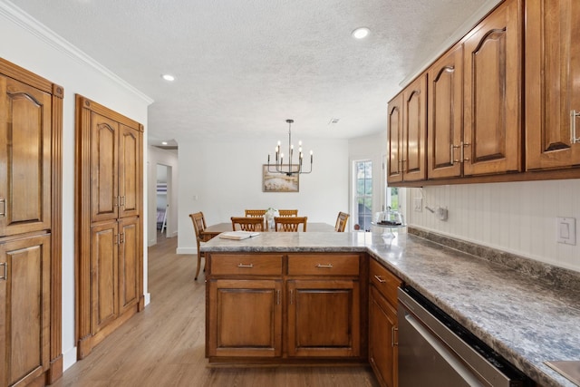 4588 Roy Thompson Rd, Mount Pleasant, TN 38474 - kitchen featuring stainless steel dishwasher, brown cabinets, a peninsula, a textured ceiling, and recessed lighting