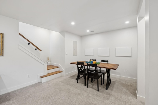 4588 Roy Thompson Rd, Mount Pleasant, TN 38474 - dining room with carpet, stairs, recessed lighting, baseboards, and electric panel