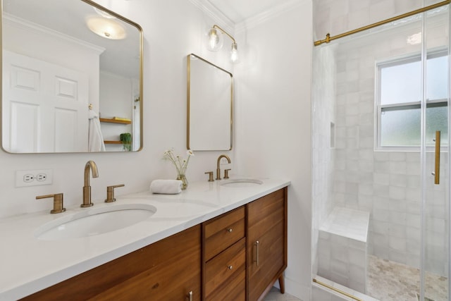 4588 Roy Thompson Rd, Mount Pleasant, TN 38474 - bathroom featuring crown molding, tiled shower, and double vanity
