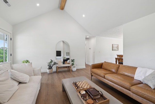 4588 Roy Thompson Rd, Mount Pleasant, TN 38474 - living room featuring beamed ceiling, recessed lighting, wood finished floors, baseboards, and high vaulted ceiling