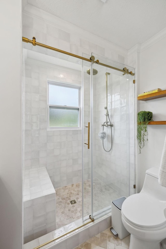 4588 Roy Thompson Rd, Mount Pleasant, TN 38474 - bathroom featuring crown molding, a shower stall, and toilet