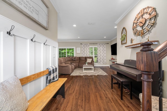 2101 Murray Kittrell Rd, Readyville, TN 37149 - living room with ornamental molding, dark wood-style floors, recessed lighting, and baseboards