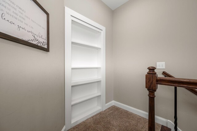 2101 Murray Kittrell Rd, Readyville, TN 37149 - hall with carpet, baseboards, built in shelves, and an upstairs landing