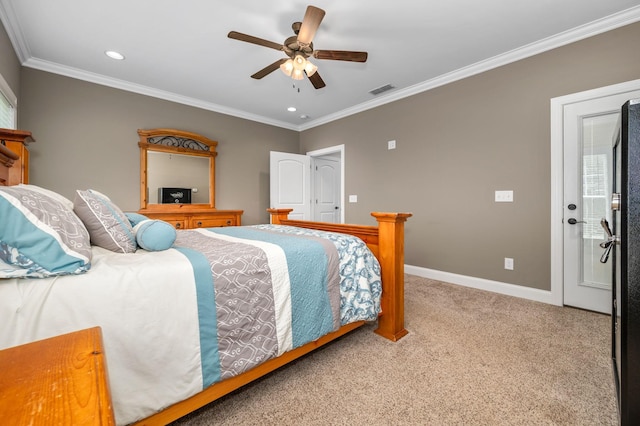 2101 Murray Kittrell Rd, Readyville, TN 37149 - bedroom with carpet flooring, baseboards, crown molding, recessed lighting, and a ceiling fan