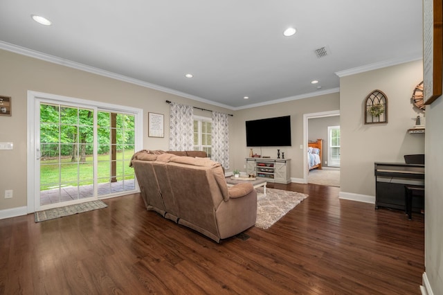 2101 Murray Kittrell Rd, Readyville, TN 37149 - living room with ornamental molding, dark wood-style flooring, recessed lighting, and baseboards