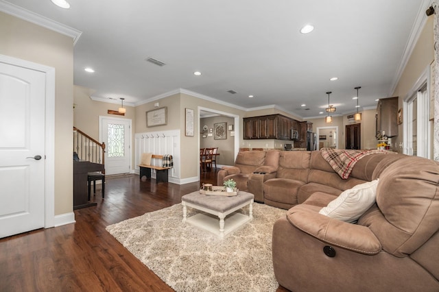2101 Murray Kittrell Rd, Readyville, TN 37149 - living area with dark wood-type flooring, recessed lighting, stairs, baseboards, and crown molding