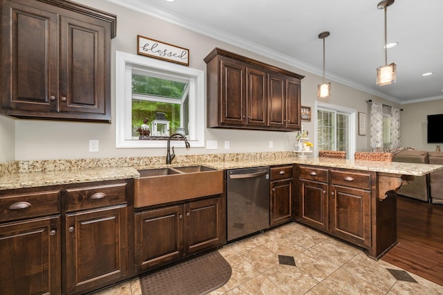 2101 Murray Kittrell Rd, Readyville, TN 37149 - kitchen featuring dishwasher, a sink, plenty of natural light, ornamental molding, and dark brown cabinets