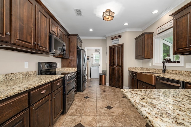2101 Murray Kittrell Rd, Readyville, TN 37149 - kitchen with stainless steel appliances, dark brown cabinets, light stone counters, a sink, and recessed lighting