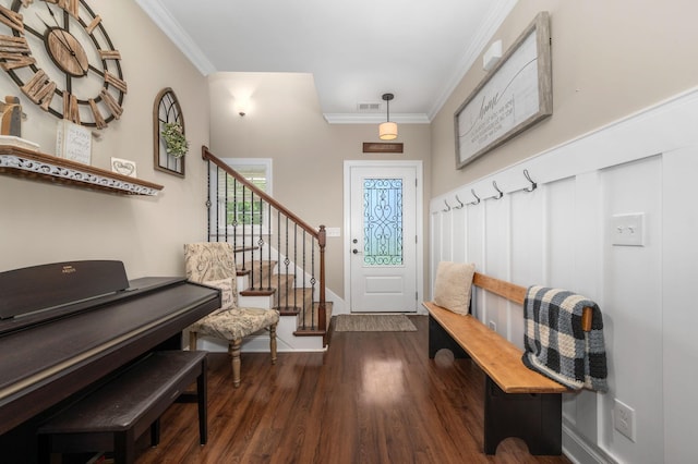 2101 Murray Kittrell Rd, Readyville, TN 37149 - entryway featuring crown molding, wood finished floors, and stairway