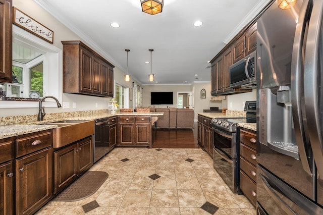 2101 Murray Kittrell Rd, Readyville, TN 37149 - kitchen with stainless steel appliances, a sink, open floor plan, dark brown cabinetry, and crown molding