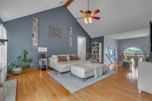 1383 Carters Creek Pike, Columbia, TN 38401 - living area featuring high vaulted ceiling, ceiling fan, wood finished floors, and beam ceiling