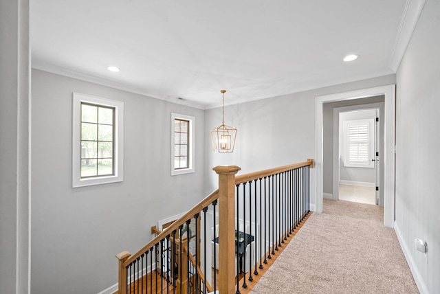 2477 Settlers Trce, Clarksville, TN 37043 - corridor featuring an upstairs landing, carpet floors, ornamental molding, recessed lighting, and a chandelier