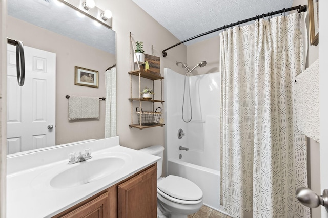 bathroom with toilet, a textured ceiling, vanity, and shower / bathtub combination with curtain