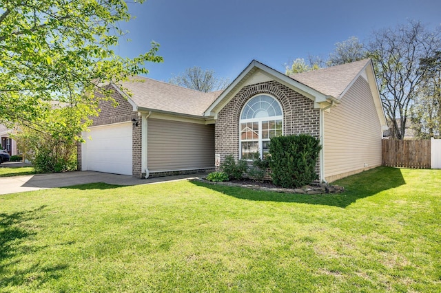ranch-style house featuring brick siding, an attached garage, a shingled roof, and driveway