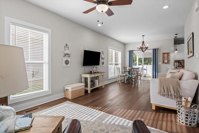 11 Sycamore Rdg W, Burns, TN 37029 - living area featuring a chandelier, ceiling fan, wood finished floors, baseboards, and recessed lighting