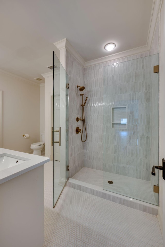622 Stonewater Blvd, Franklin, TN 37064 - bathroom with toilet, a shower stall, ornamental molding, vanity, and tile patterned floors